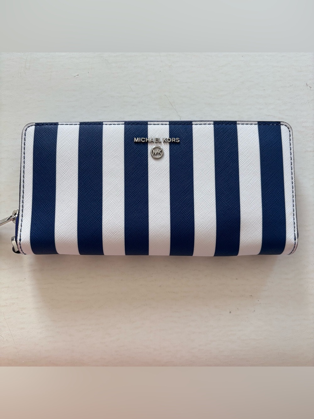 Michael Kors Navy & White Striped Long Zip Wallet EUC